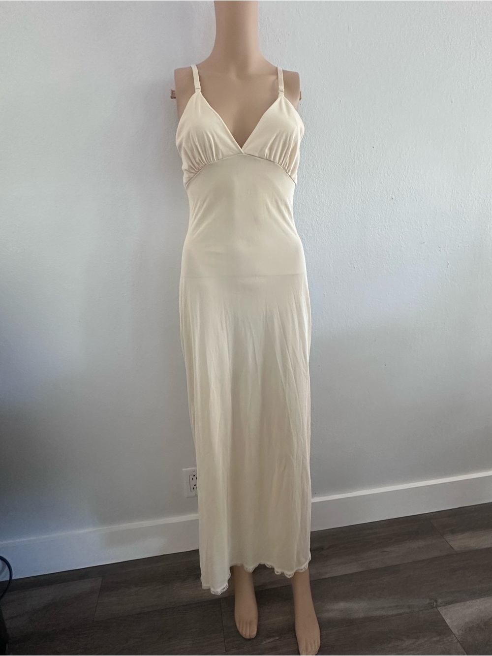 Vintage 60s/70s Cream Slip Dress Authentic Robin Zipper Lace Trim Back Slit USA
